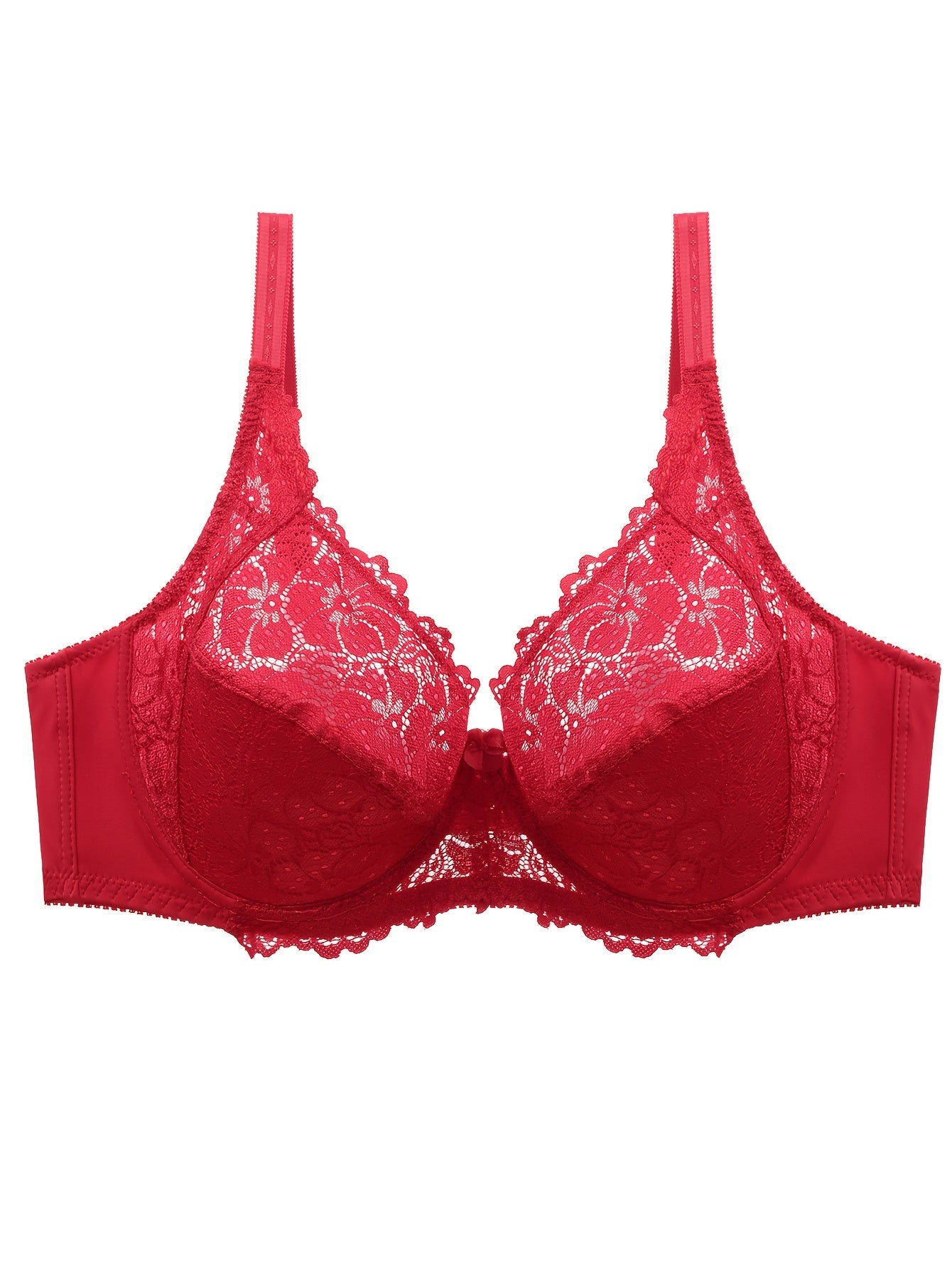 Plus Size Sexy Bra, Women's Plus Solid Contrast Lace Floral Trim Medium Stretch Comfort Bra