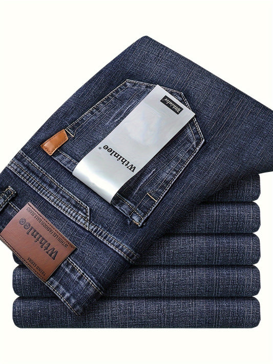 Men'S High-Waist Straight-Leg Jeans - Lightweight, Stretch Denim, Button Closure, Regular Fit, Solid Color, Versatile for Business & Casual Wear, Business Casual Pants | Modern Straightleg Pants | Comfortable Wear