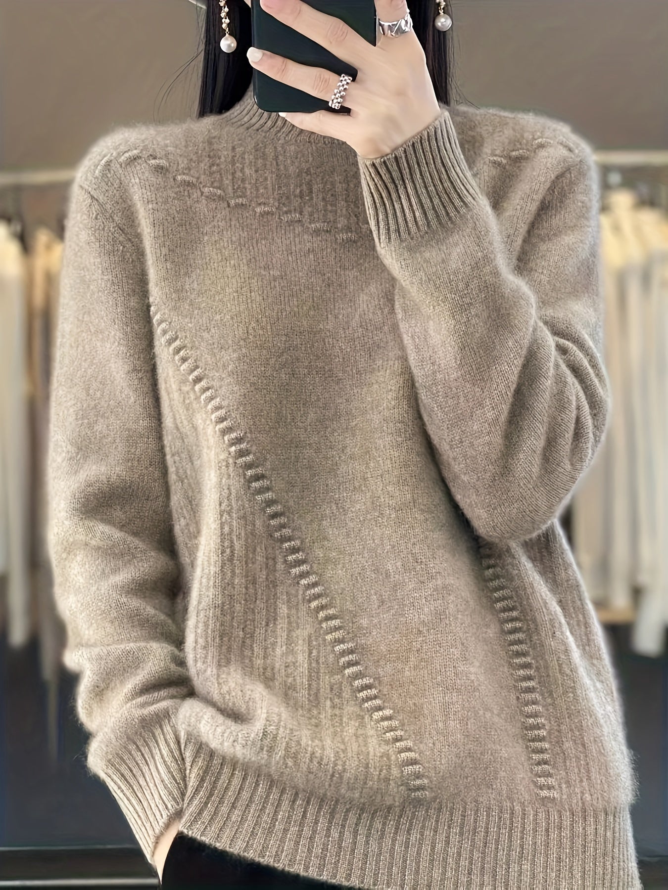 Plus Size Women's Half-Turtleneck Sweater - Soft Sleeve Pullover, Solid Black Casual Chic Top, Machine Washable All-Season Versatile Wardrobe, Everyday Pullover, Minimalist Design, Ribbed Texture