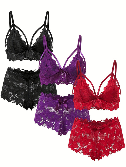 3pcs Women'S Lace Floral Lingerie Set - Sexy Lace Bra, Lace Panties & Garter Belt with Floral Pattern, High Stretch Fabric, Bow Detail, Adult Size, Lingerie Set|Floral Lingerie|Stretchy Material