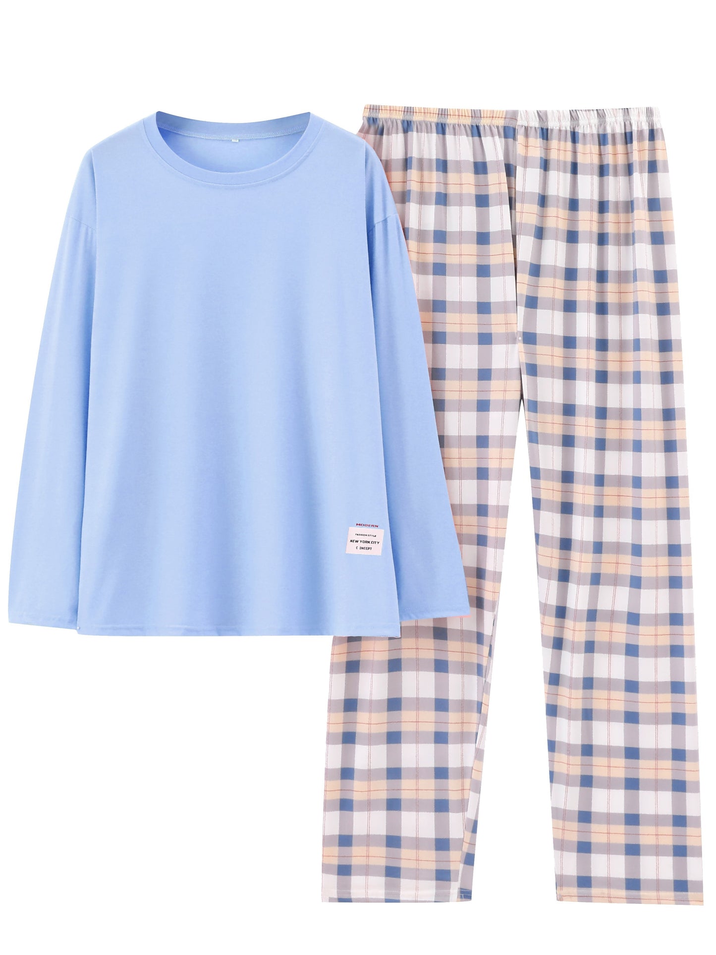 Plus Size Casual Pajamas Set, Women's Plus Soft Long Sleeve Tee & Plaid Pants Comfort Loungewear 2pcs Set, Women Plus Size Two Piece Set