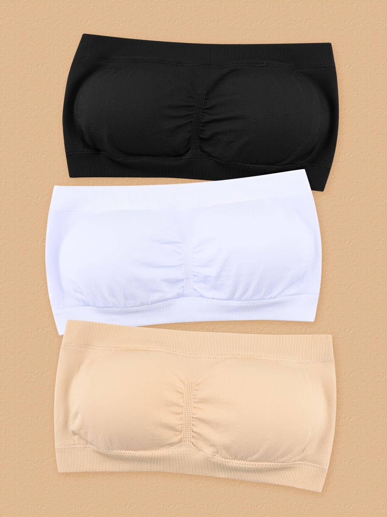 3pcs NADIA GO Strapless Double Layer Extended Size Bra with Removable Pads - High Support, Knit Fabric, Elastic Waistband, Casual Style, Adult Women'S Undergarment for Summer, Comfort Fit Bra|Casual Style Bra|Stretchy Fabric Bra