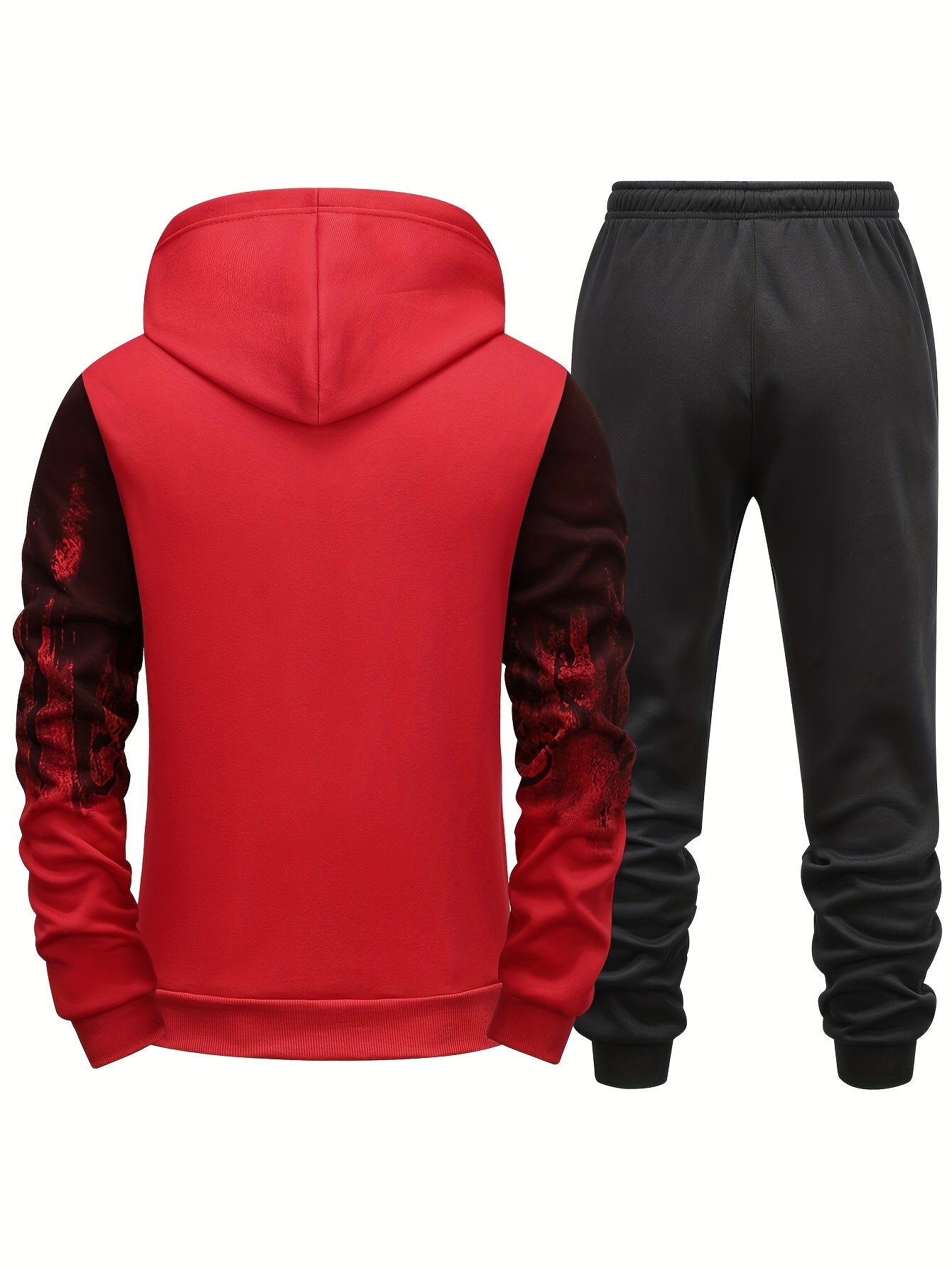 Men'S Casual Sweatshirt & Jogger Set - Red & Black Abstract Print, Breathable Polyester, Machine Washable, Long Sleeve Pullover with Kangaroo Pocket, Perfect for Spring/Fall, Casual Attire|Abstract Print Top|Washable Fabric, Sweater Pants