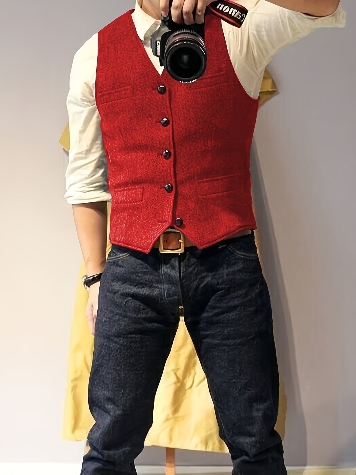 Men's Vintage Herringbone Tweed Vest - Western Cowboy Style, Gray Wool Blend with Button Front & Side Pockets for Weddings, Parties, Golf, Fishing, and Hunting