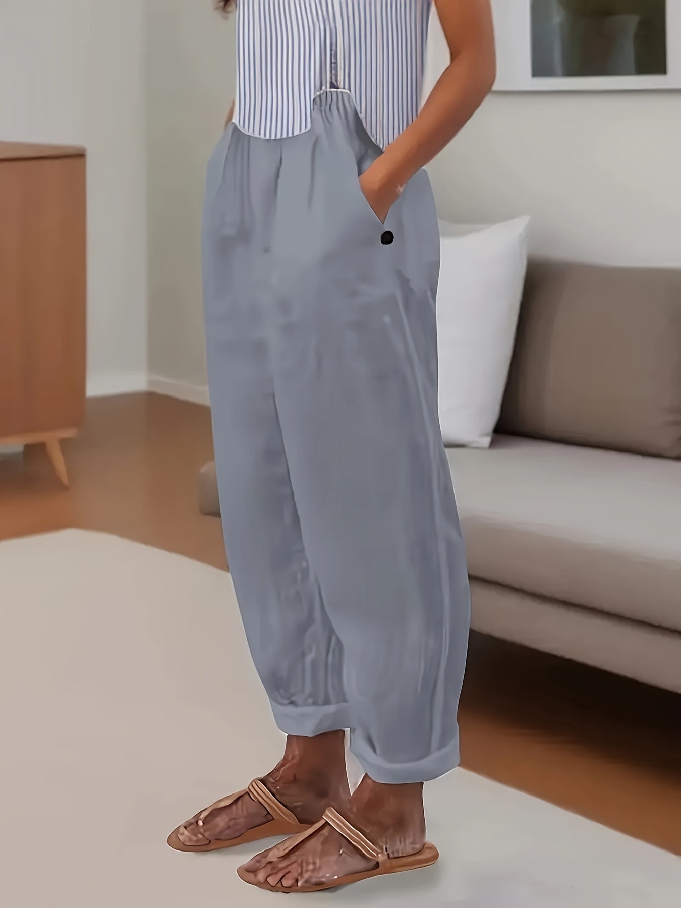 Plus Size Women's High-Waisted Casual Loose Pants with Slant Pockets - Solid Color Non-Stretch Machine Washable Trousers for Spring & Summer, Elegant Special Collection