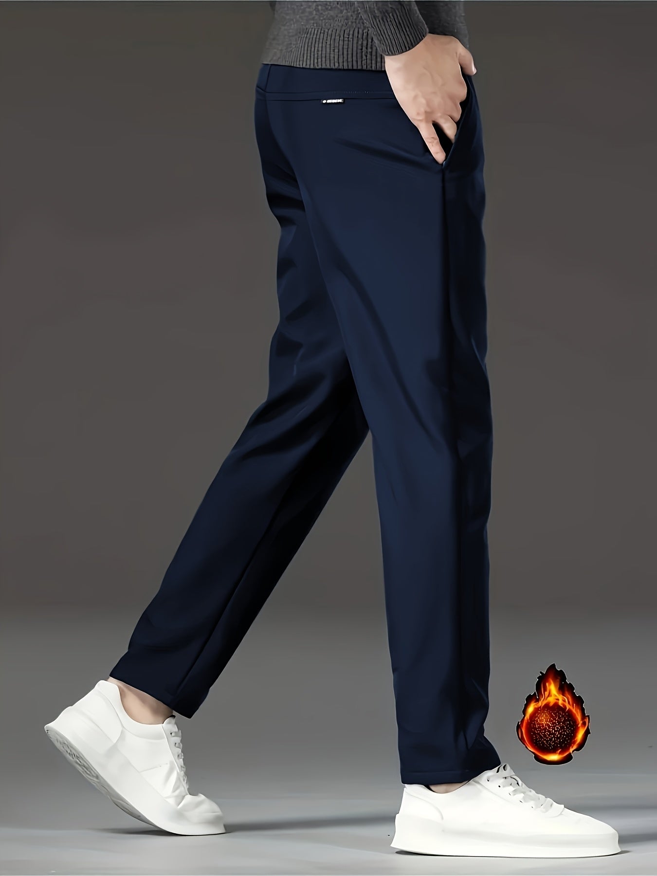 Men's Fall/Winter Fleece-Lined Windproof Warm Solid Color Casual Pants, Fashionable Drawstring Waistband Sports Trousers, 100% Polyester Non-Stretch Cropped Length, Regular Fit for Adults