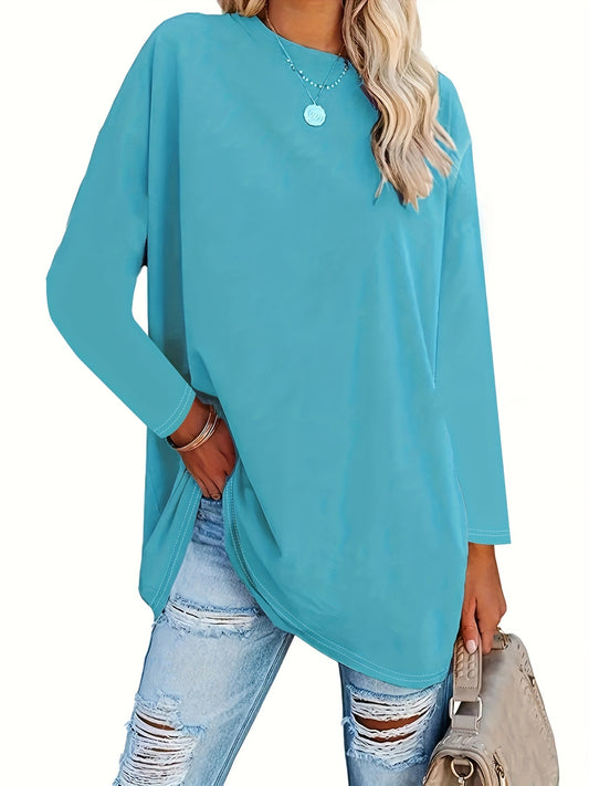 Plus Size Women's Casual Long Sleeve Round Neck Pullover Top - Soft Stretchy, Relaxed Fit Solid Color, Machine Washable Autumn Winter Comfort Wear, Daily Fashion, Oversized Fashion, Pullover Style