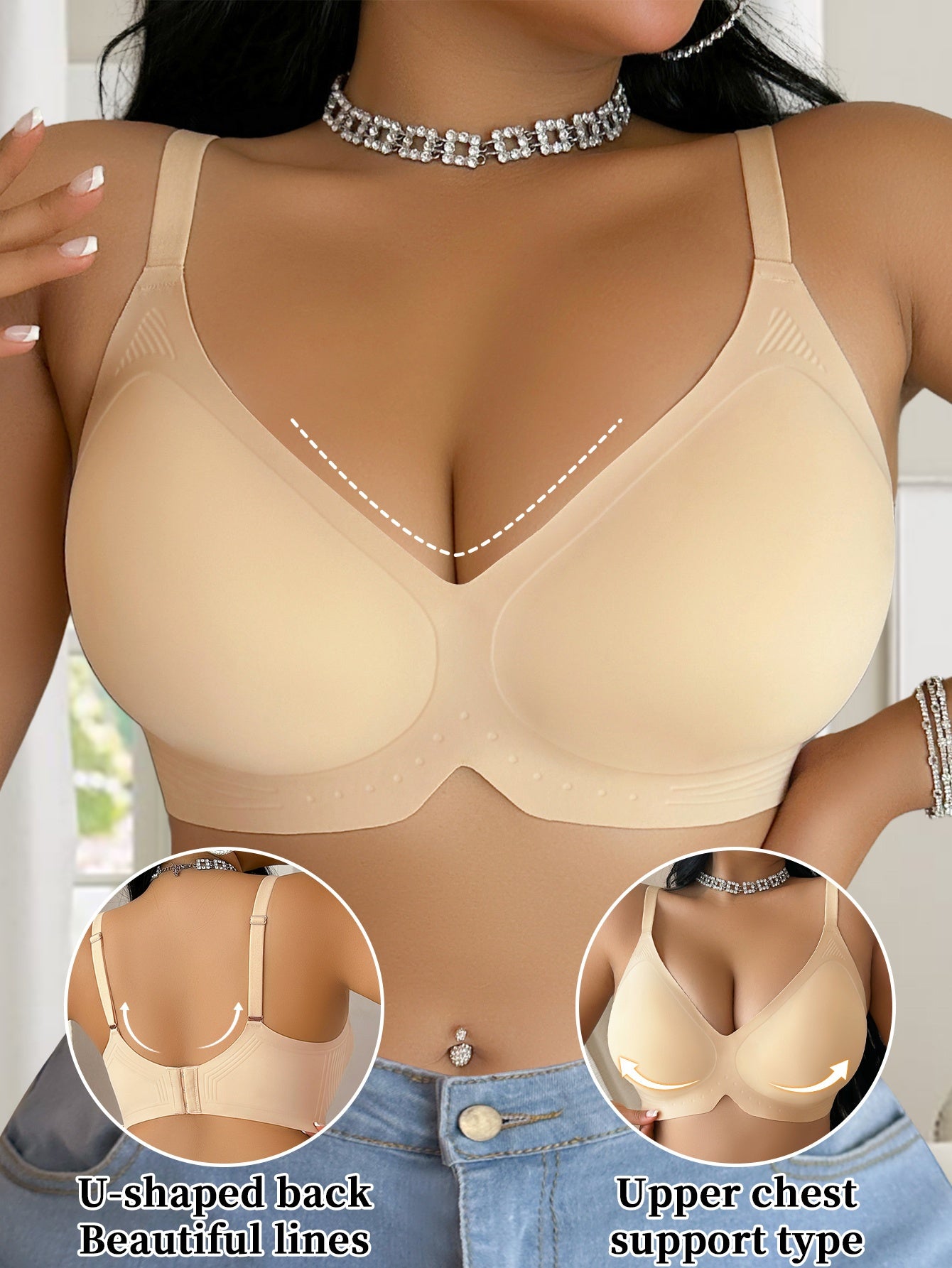 Women'S Plus Size V-Neck Seamless Jelly Strip Bra - Soft, Supportive, and Wireless with Removable Pads, Breathable and Comfortable for Everyday Wear, Everyday Bra|Snug Fit Bra|Comfortable Wear Bra, Plus Size Bra