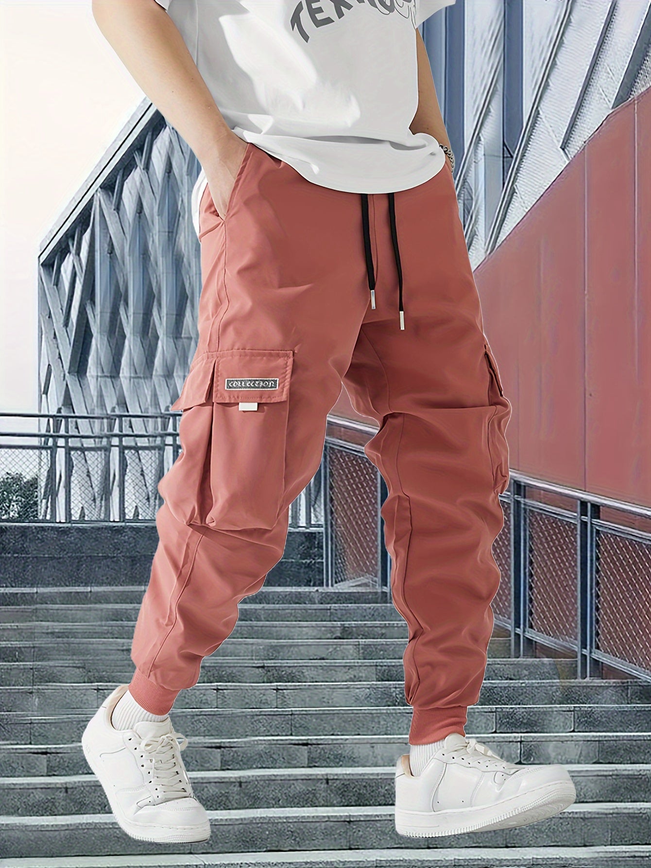 Lightweight Design| Men's Olive Green Cargo Pants - Lightweight Polyester, Casual Style with Multiple Pockets and Drawstring Waist, Perfect for Spring/Fall, Spring Fall Attire|Drawstring Waistband|Smooth Texture Fabric