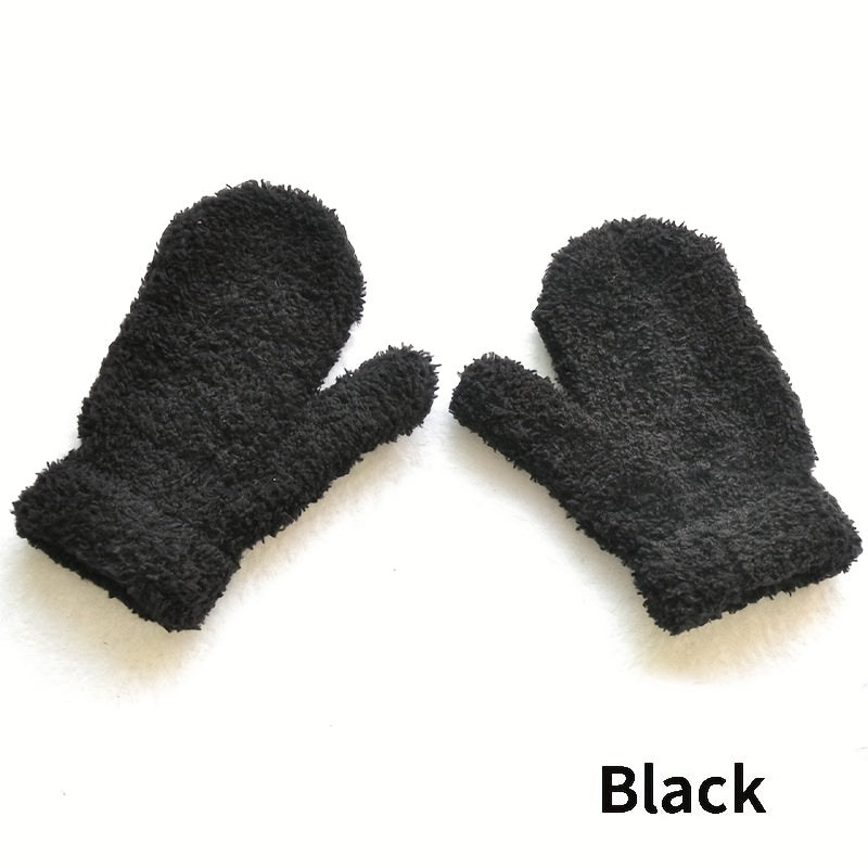 1 Pair Cute Plush Thick Warm Winter Gloves, Solid Color Polyester 100% Full Finger Mittens for Kids, Woven Velvet Baby Handwear