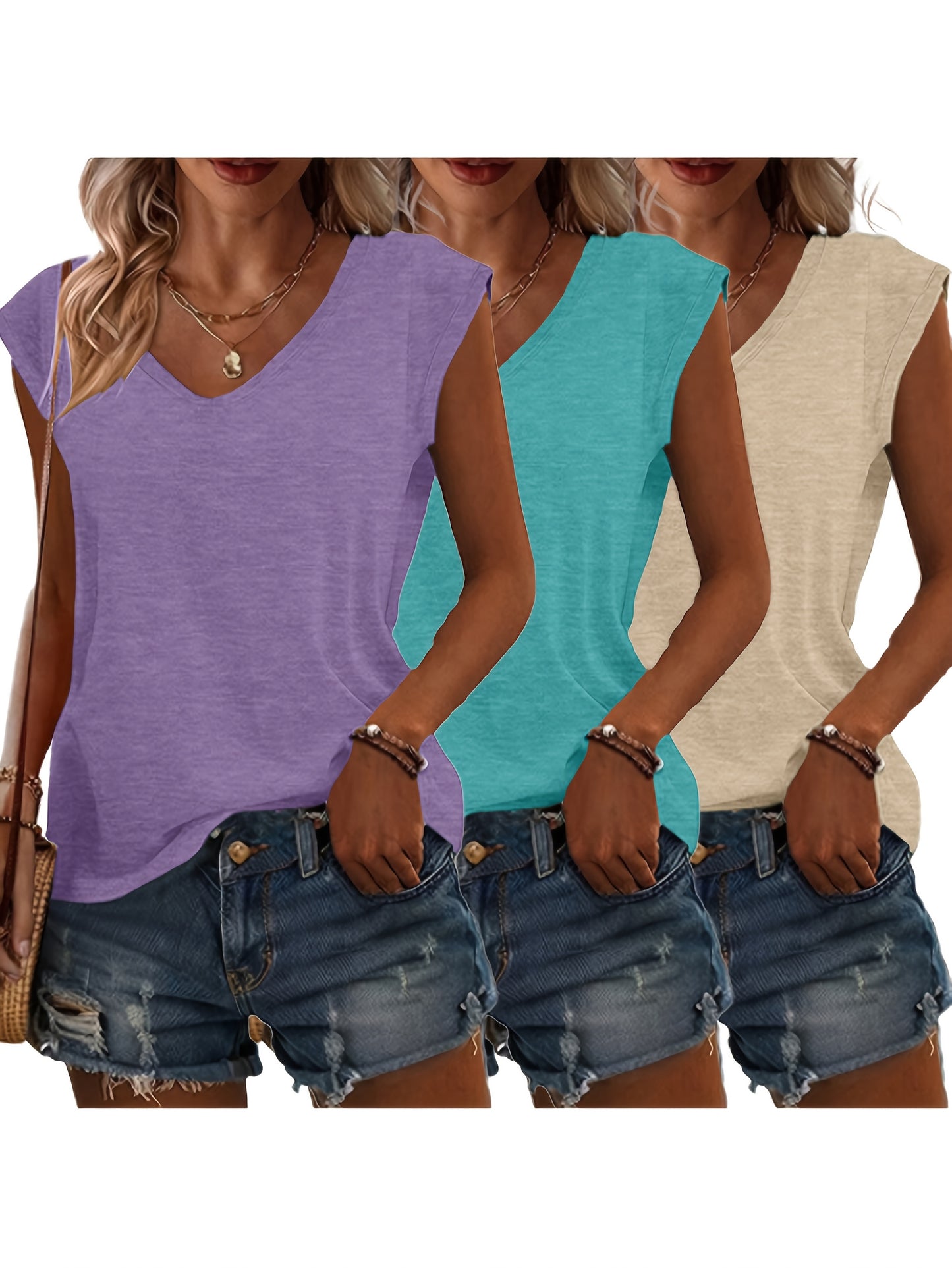 3pcs Spring/Summer New Solid Color No-Print V Neck Loose Casual Tops, Comfortable Fashion Machine Wash - Suitable for Daily and Home Use