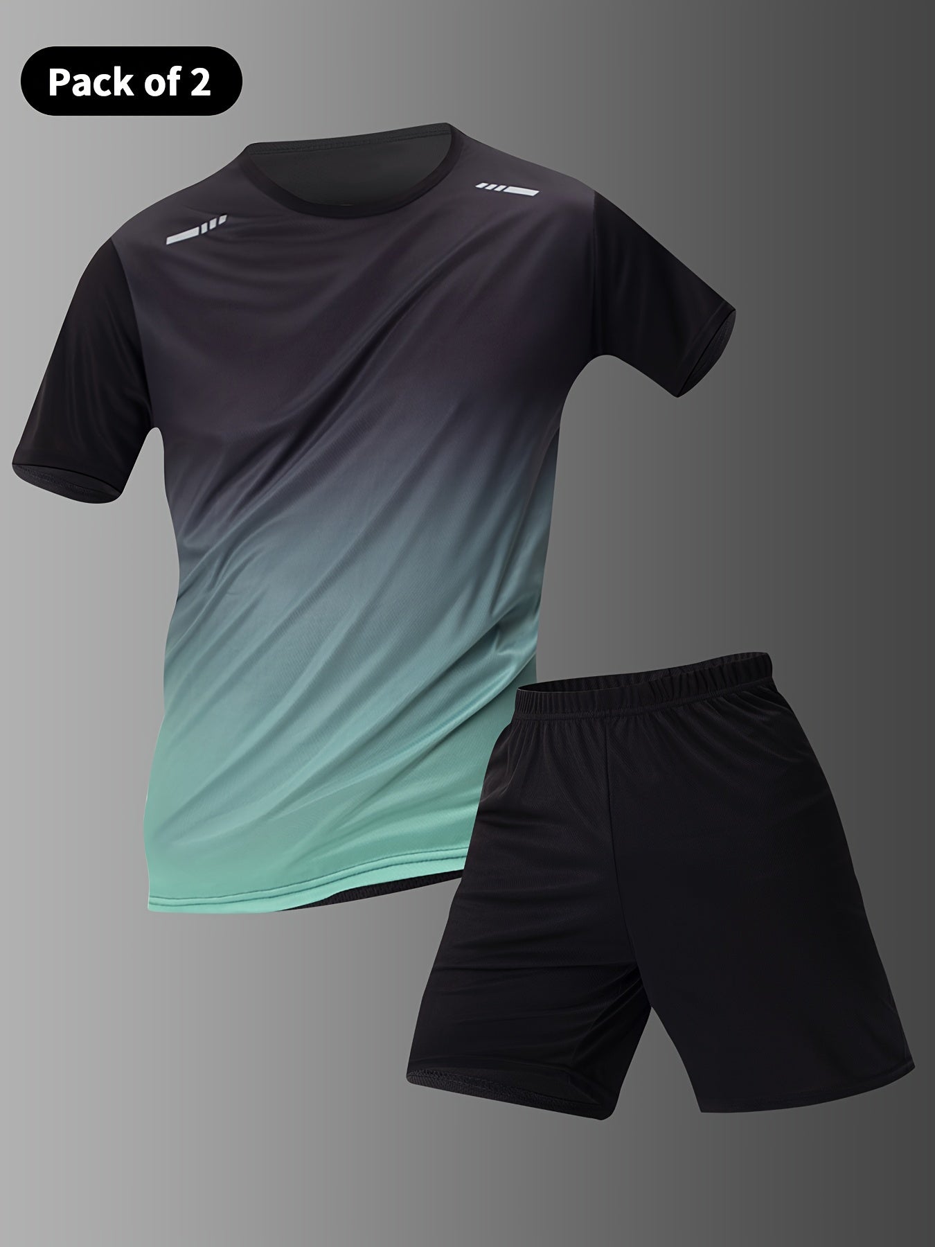 2-piece Men's Casual Sportswear Set, Gradient Short Sleeve Crew Neck T-shirt & Solid Elastic Waist Shorts For Summer Sports Activities