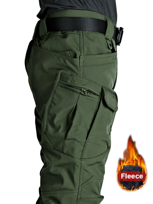 Men's Fleece-Lined Tactical Pants - Warm, Durable Polyester-Spandex Blend, Casual Style with Multiple Pockets & Adjustable Waistband for Winter Outdoor Activities
