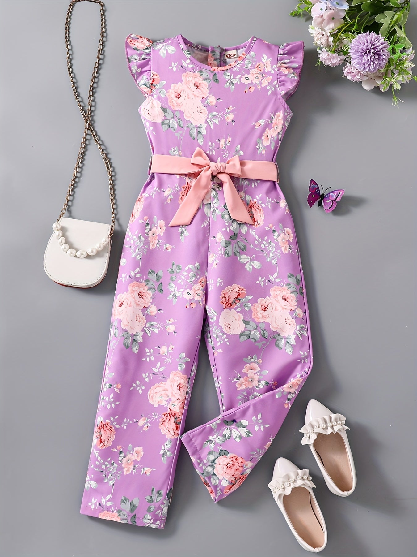 Summer Girls' Casual Floral Print Sleeveless Jumpsuit with Back Zipper & Adjustable Waist Belt - Navy Blue Round Neck, Straight Leg Design for Outdoor Play & Weekend Outings, Comfortable Fit, Perfect for Outdoor