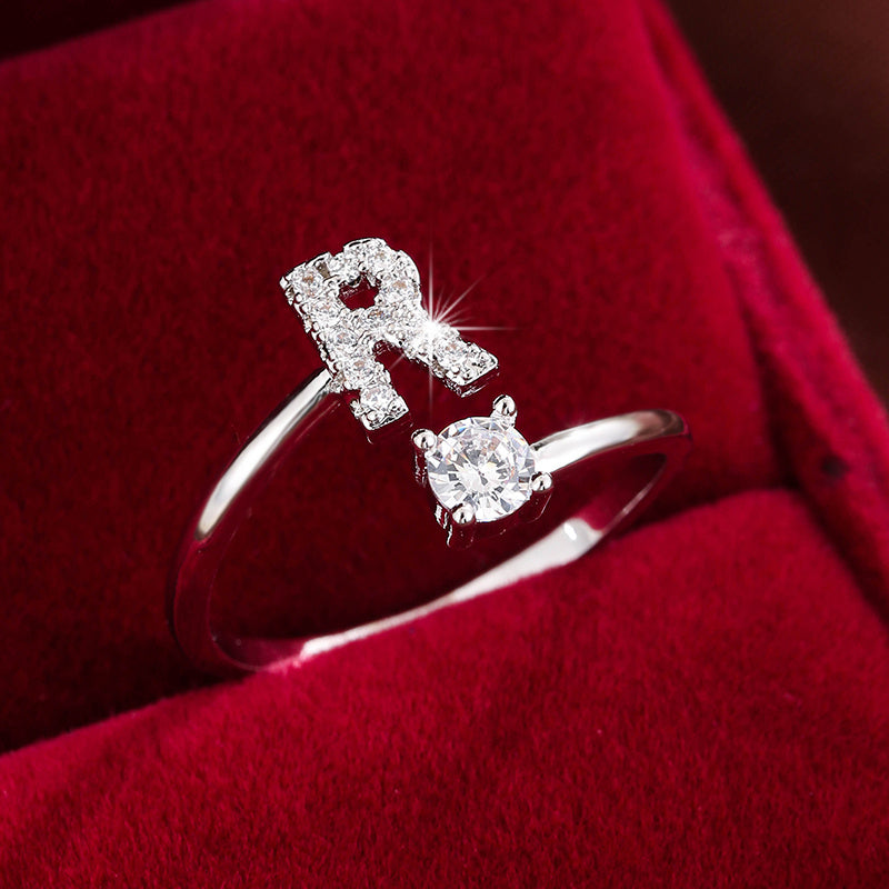Fashionable 26 English Letters Four-Prong Synthetic Synthetic Zirconia Open Adjustment Ring