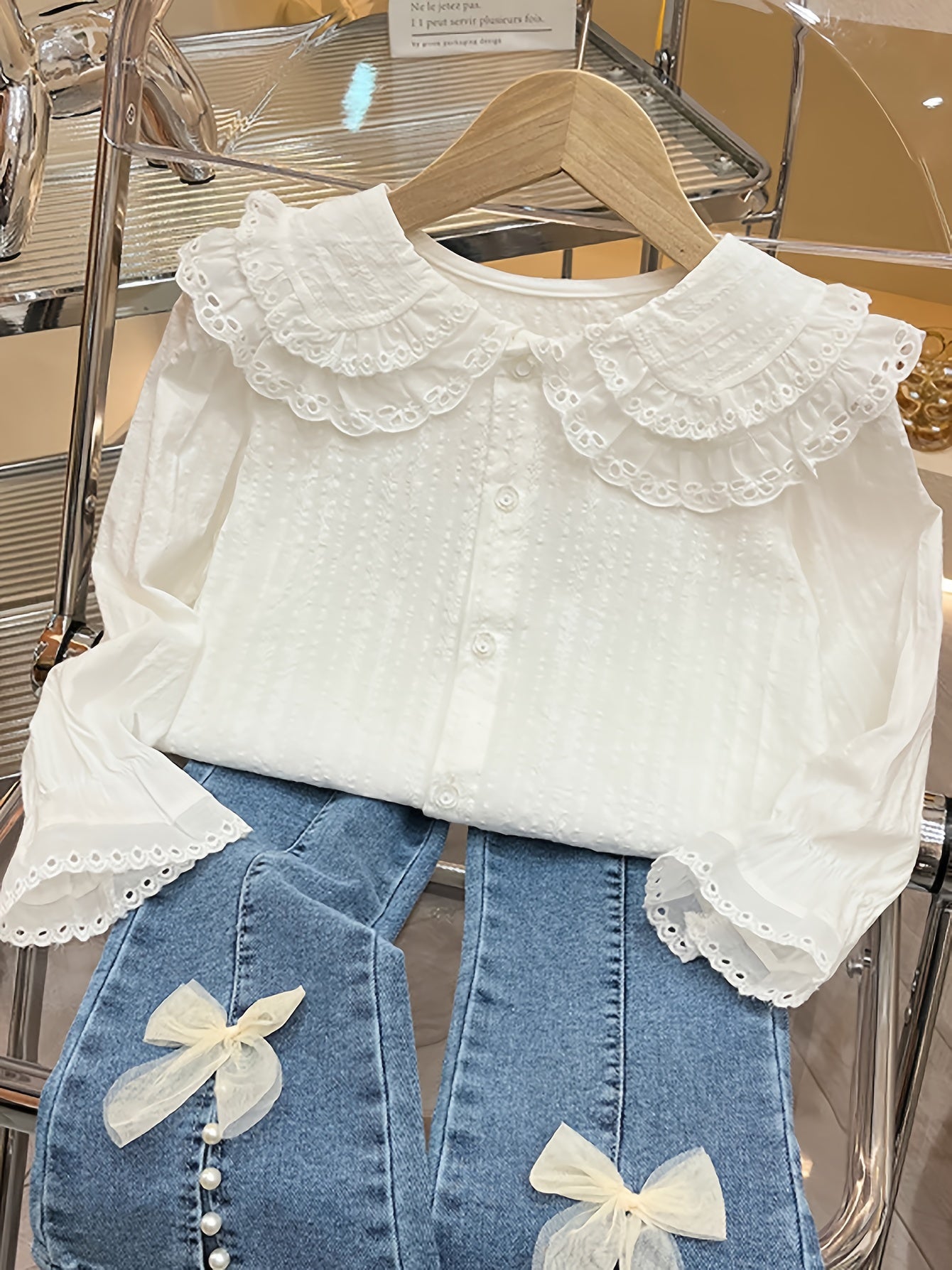 Girls' Long Sleeve Blouse with Double Ruffle Collar & Button Front - White Princess Shirt for Spring/Fall, Non-Stretch Fabric, Perfect for Casual or Dressy Outfits, Princess Outfit, Decorative Bow Detail, Elegant Craftsmanship