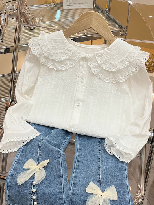 Girls' Long Sleeve Blouse with Double Ruffle Collar & Button Front - White Princess Shirt for Spring/Fall, Non-Stretch Fabric, Perfect for Casual or Dressy Outfits, Princess Outfit, Decorative Bow Detail, Elegant Craftsmanship