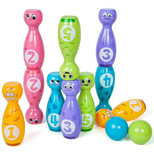 Bowling Toy Set With Cartoon Fun Expressions And Exquisite Pad Printing Technology That Does Not Fade Or Paint Off The Gift Box Packaging 10 Bottles And 2 Balls, As Halloween, Christmas Gift
