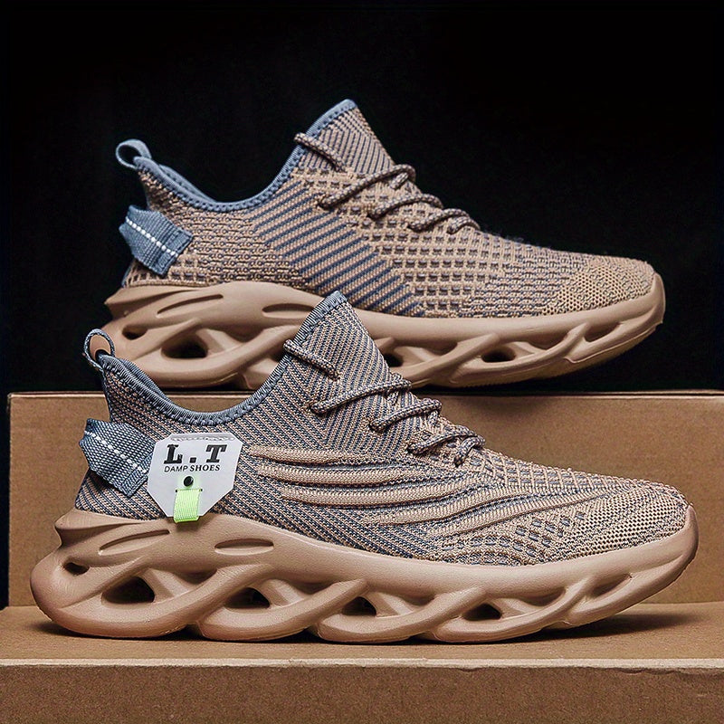 Men's Knit Breathable Running Shoes With Shock Absorption, Lace Up Comfy Soft Sole Sneakers For Outdoor Jogging, Spring And Summer