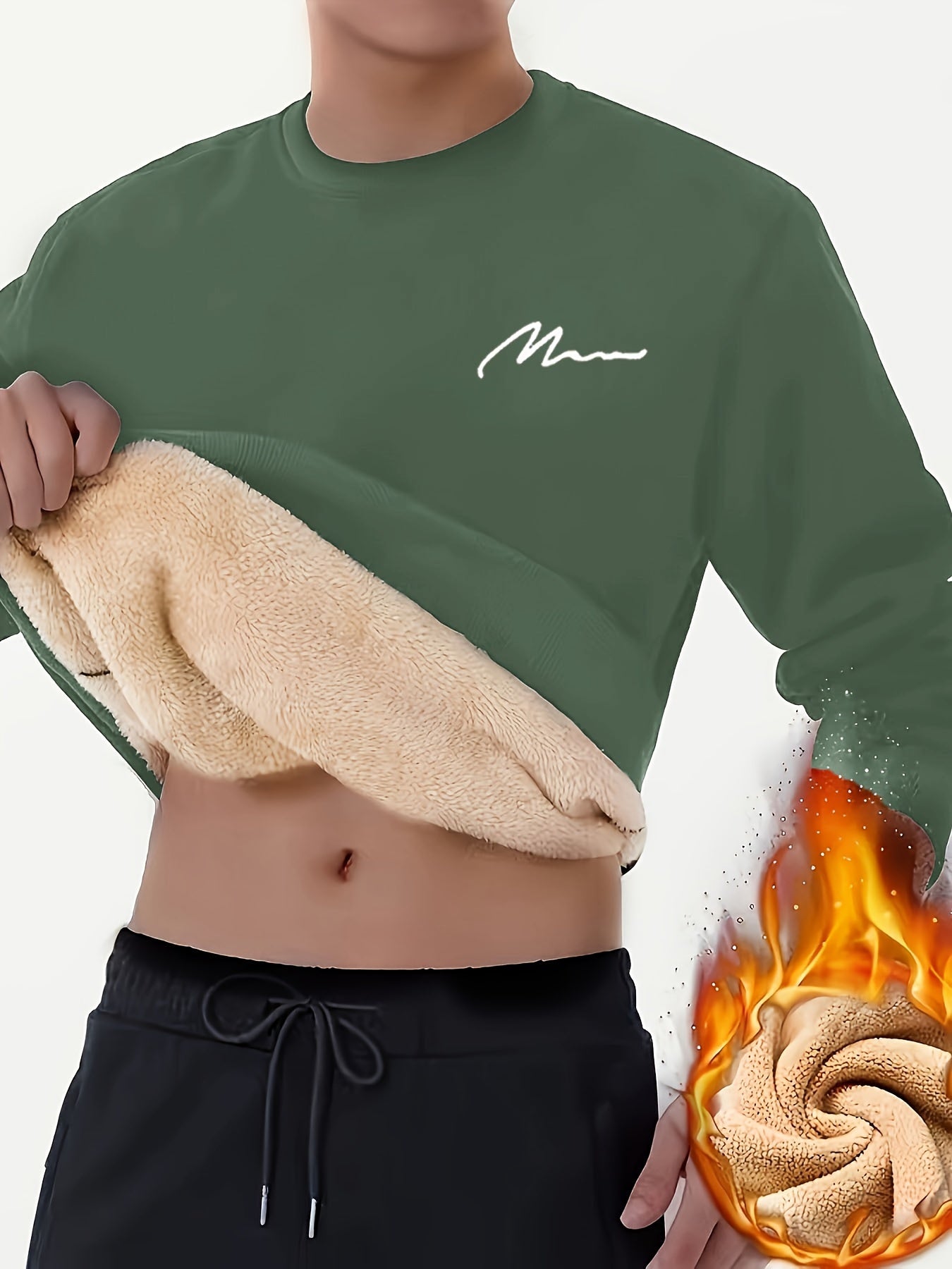 Men's Winter Warm Fleece-Lined Crew Neck Sweatshirt - Casual Black Long Sleeve with "MOM" Embroidery, Machine Washable, Cozy Polyester Fabric