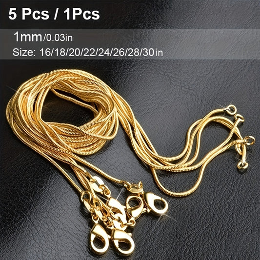 5pcs/1pc Golden Snake Chain Necklace - Fashionable Wedding & Party Jewelry, Exquisite Copper Design with Charms, Sizes 16/18/20/22/24/26/28/30