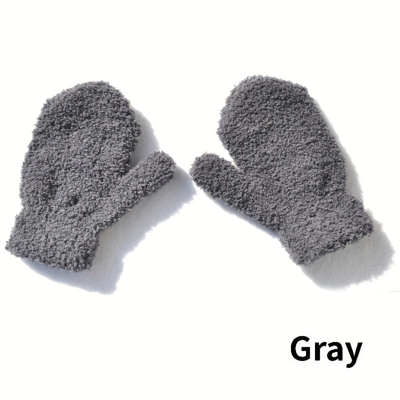 1 Pair Cute Plush Thick Warm Winter Gloves, Solid Color Polyester 100% Full Finger Mittens for Kids, Woven Velvet Baby Handwear