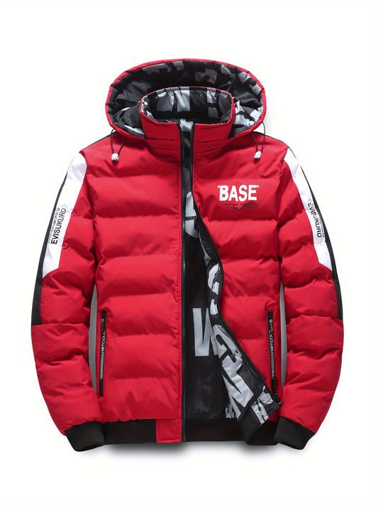 Men'S Hooded Jacket - Casual Polyester 100% Alphabet Pattern Regular Fit Winter Coat with Non-Stretch Fabric, Long Sleeve, Zipper Details & Polyester Fiber Filling